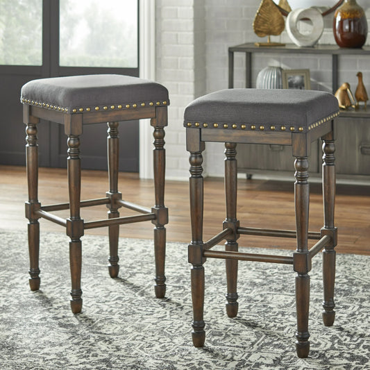 30" Set of 2 Grafton Turned Leg Barstools Charcoal Gray - Lifestorey: Rustic-Brown Finish, Nailhead Trim