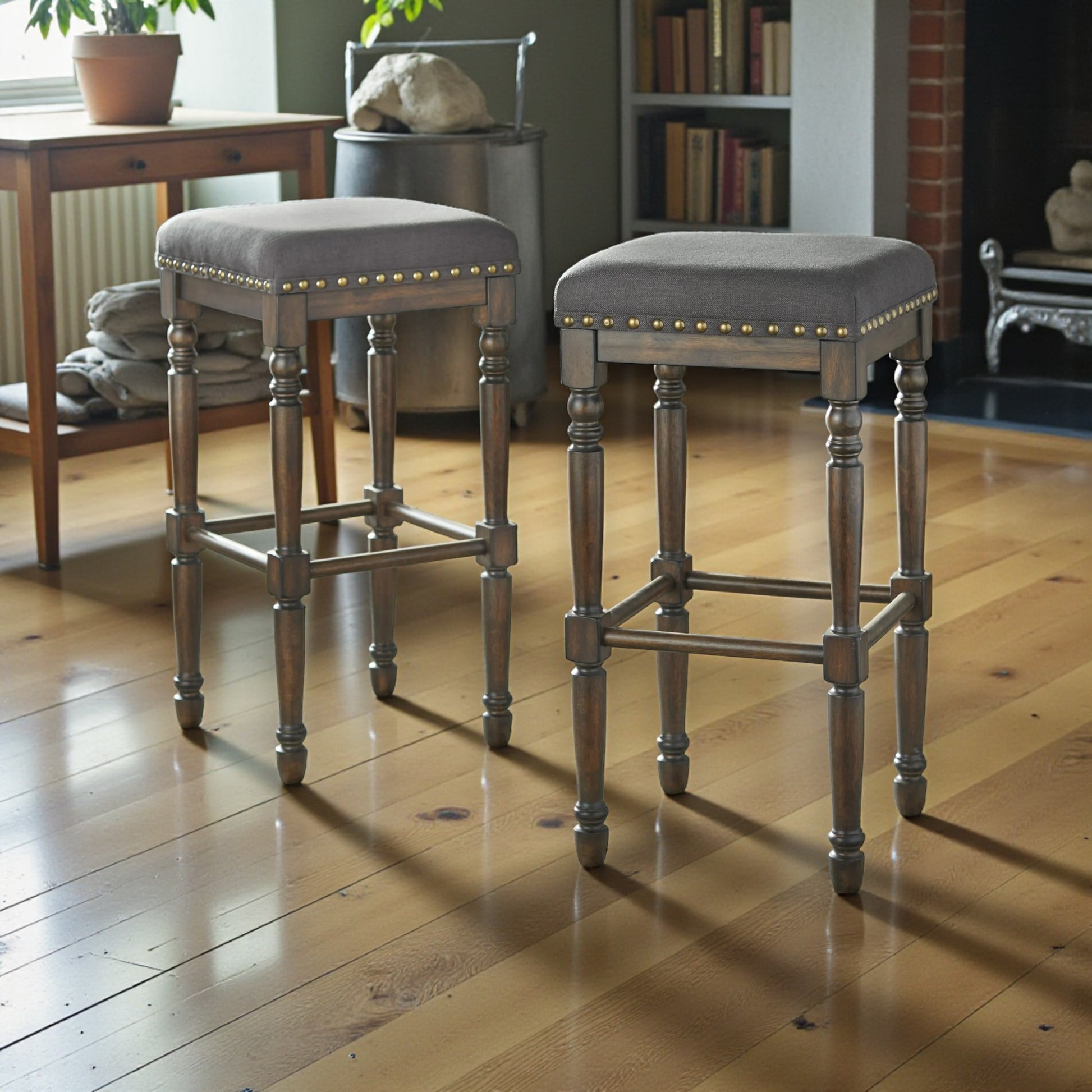 Lifestorey Set of 1 Grafton 30" Bar Height Barstool Charcoal Gray: Rustic-Brown Finish, Nailhead Trim - Yalz Store