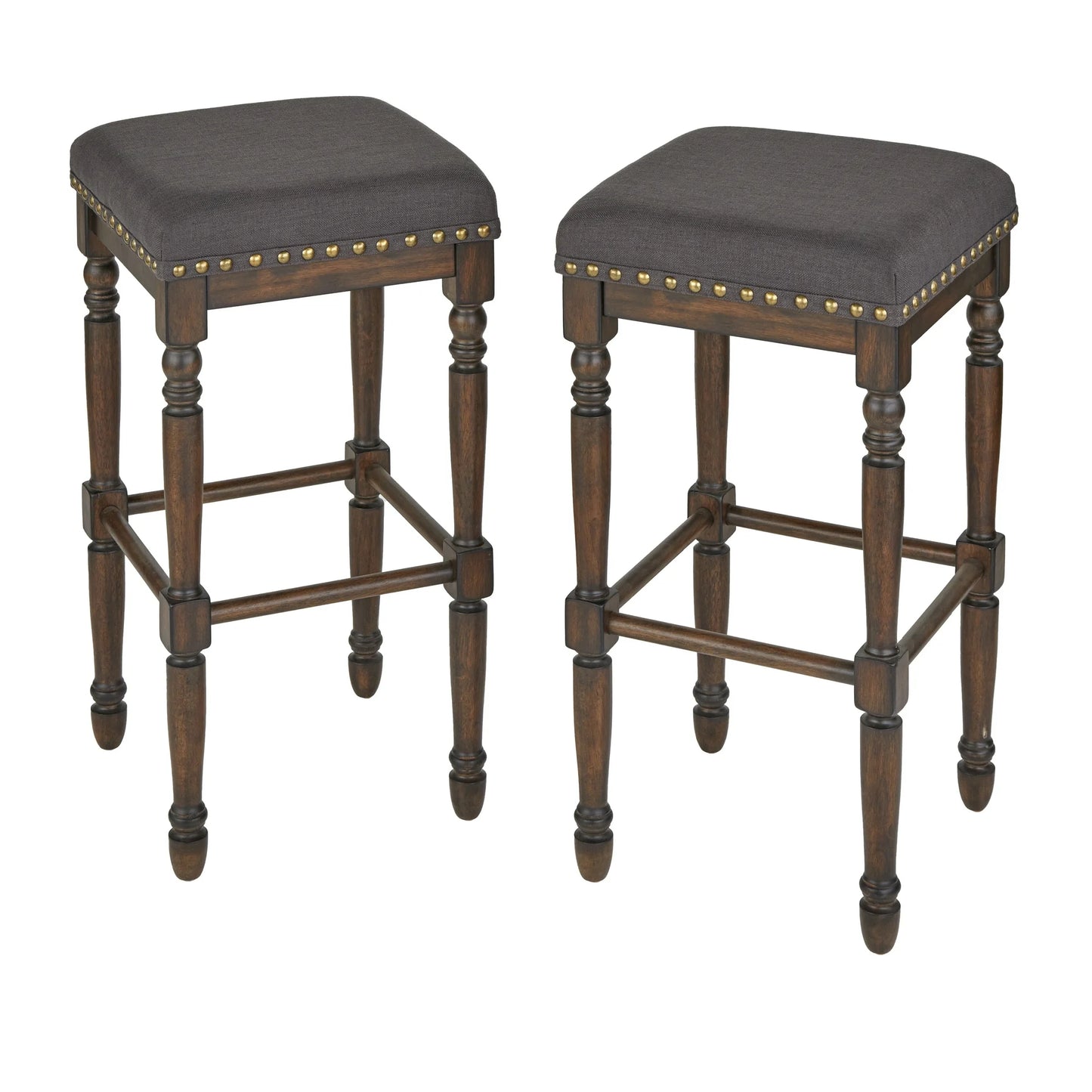 30" Set of 2 Grafton Turned Leg Barstools Charcoal Gray - Lifestorey: Rustic-Brown Finish, Nailhead Trim
