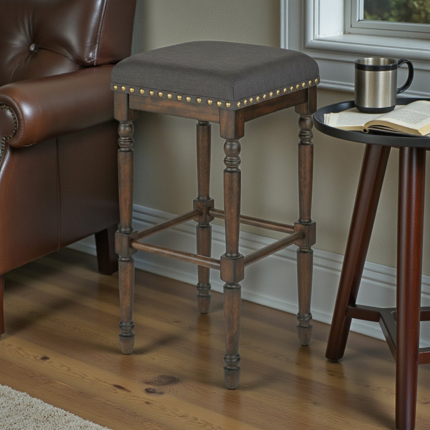 Lifestorey Set of 1 Grafton 30" Bar Height Barstool Charcoal Gray: Rustic-Brown Finish, Nailhead Trim - Yalz Store