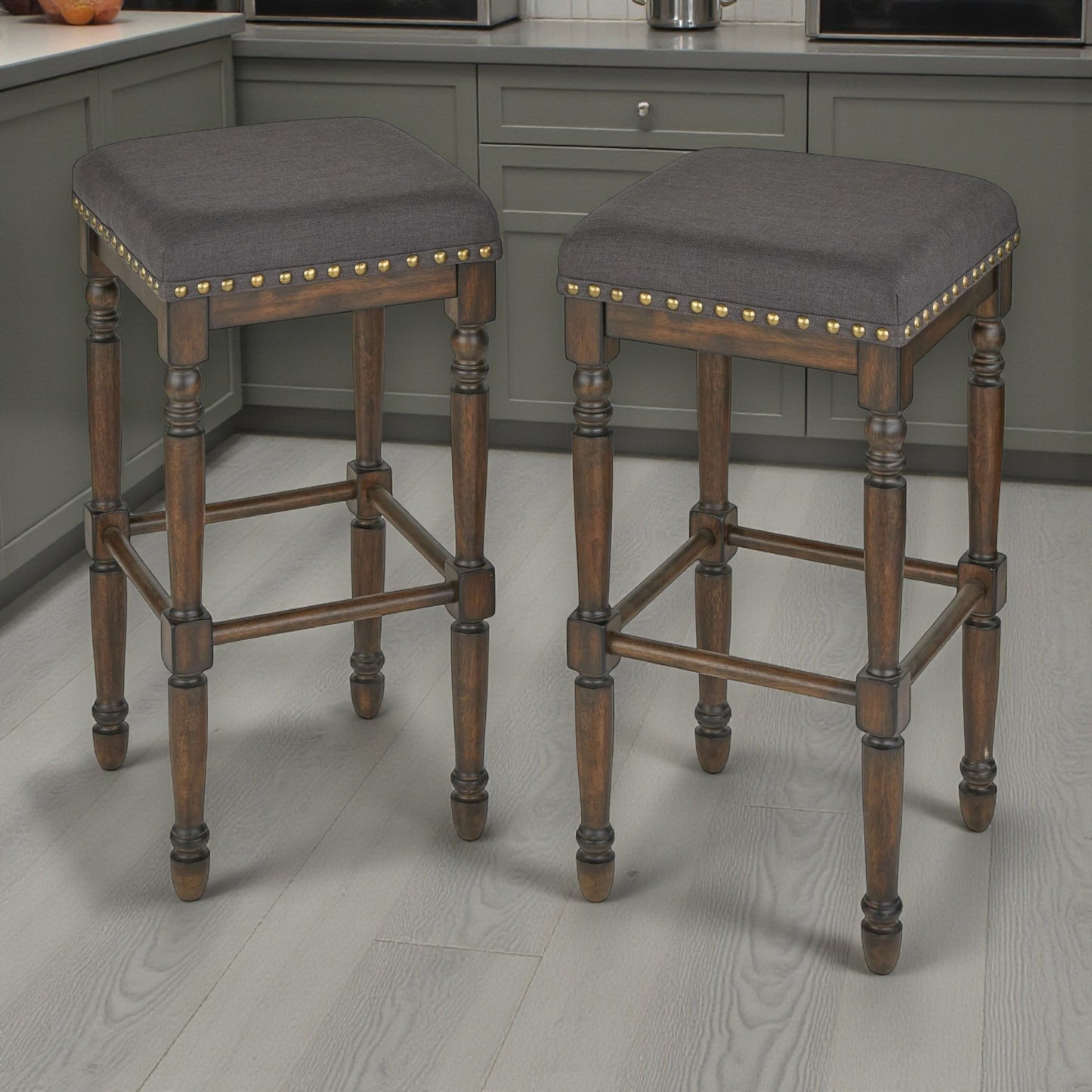 Lifestorey Set of 1 Grafton 30" Bar Height Barstool Charcoal Gray: Rustic-Brown Finish, Nailhead Trim - Yalz Store