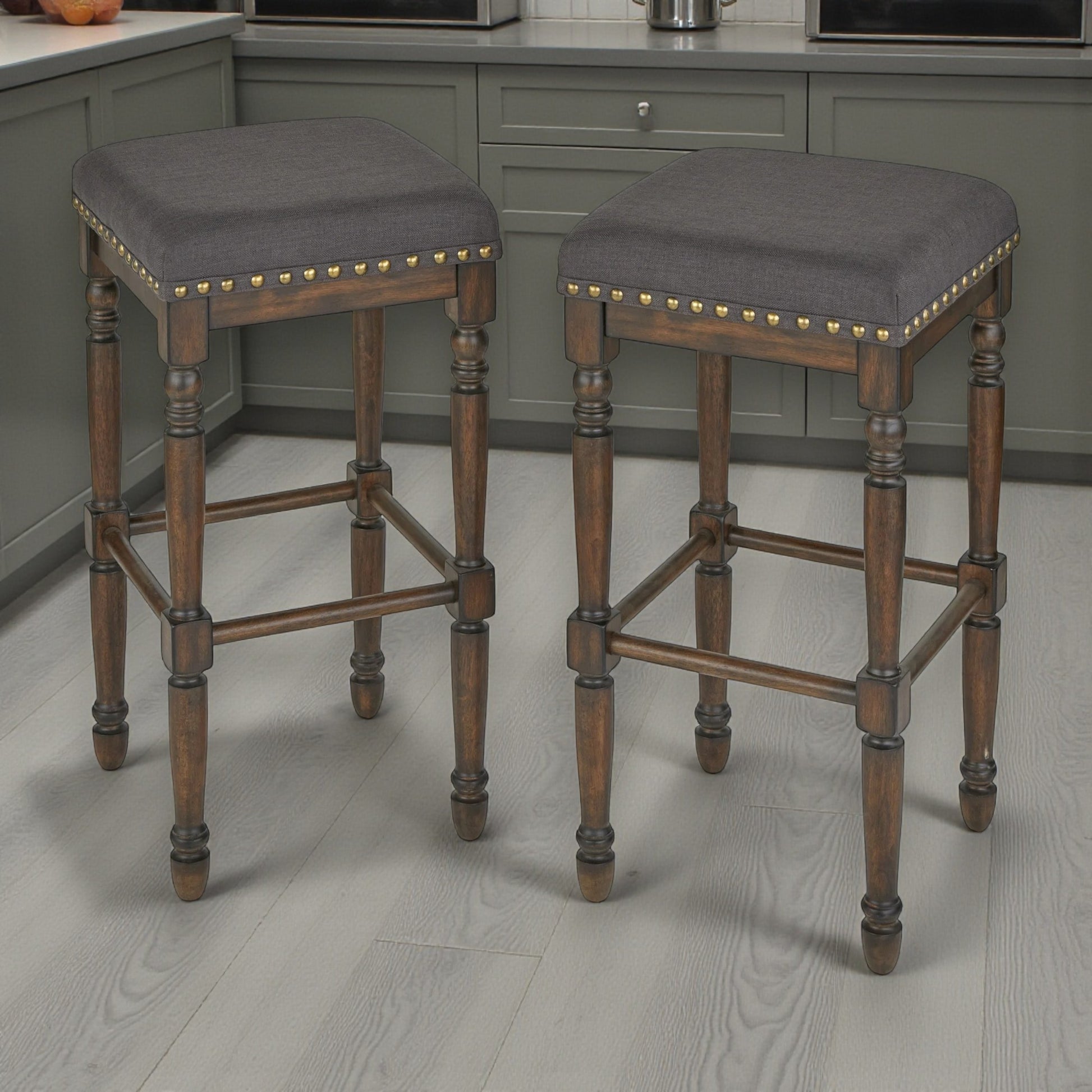 Lifestorey Set of 1 Grafton 30" Bar Height Barstool Charcoal Gray: Rustic-Brown Finish, Nailhead Trim - Yalz Store