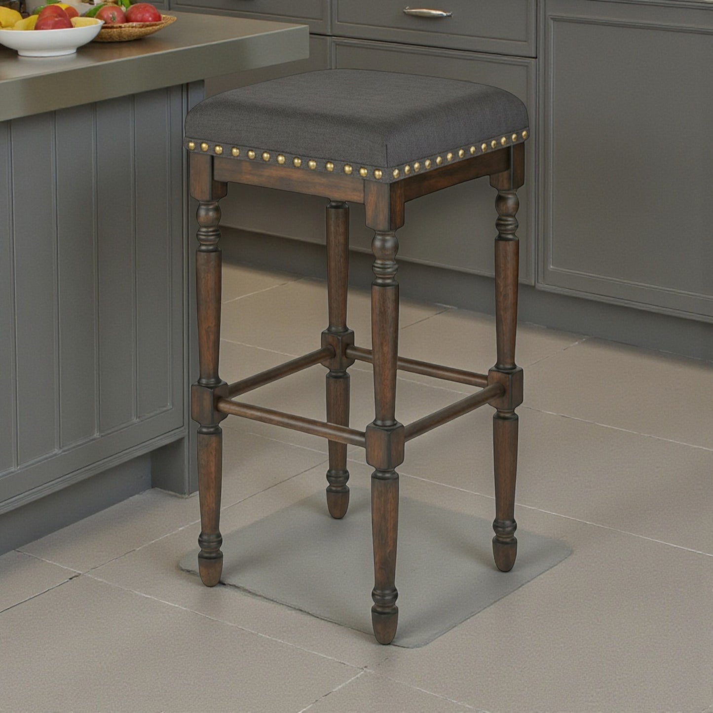 Lifestorey Set of 1 Grafton 30" Bar Height Barstool Charcoal Gray: Rustic-Brown Finish, Nailhead Trim - Yalz Store