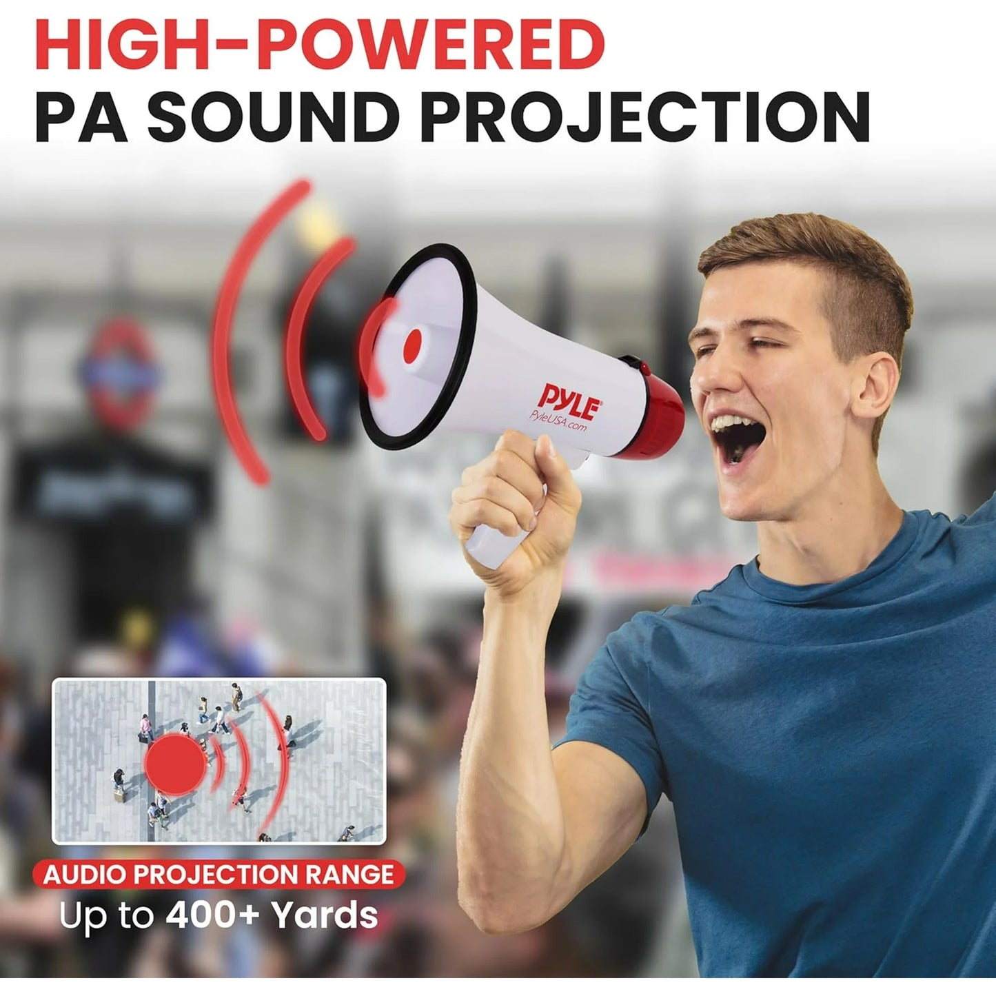 Pyle 20W Megaphone Bullhorn - 5.4'' x 8.6'' Portable Megaphone, Projection Range Up to 800 Sq. Yards, Voice Talking & Siren Alert, Shoulder Strap, Battery Operated, (White)