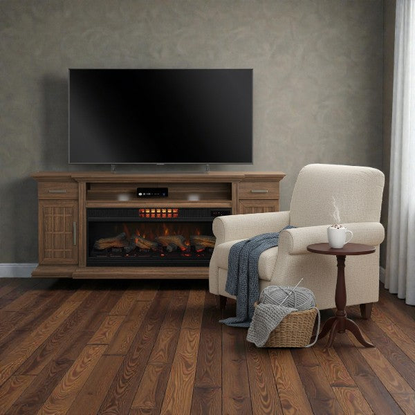 Cozy living room with beige armchair, wooden side table, basket with yarn, wooden cabinet with electric fireplace, and mounted flat-screen TV