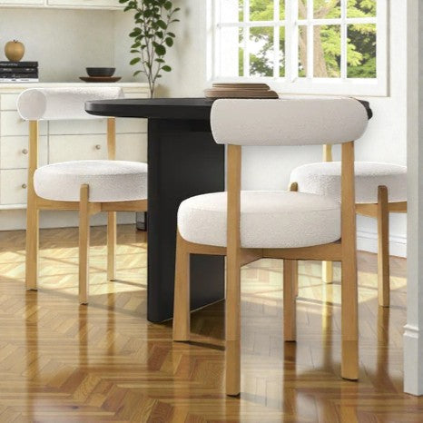 Sculptural Cream Boucle Dining Chair with Wooden Frame – Modern Curved Back - Yalz Store
