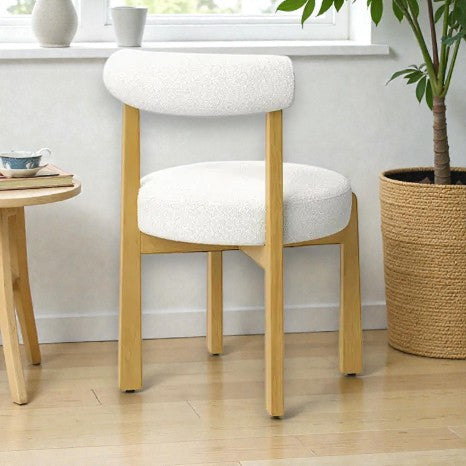Sculptural Cream Boucle Dining Chair with Wooden Frame – Modern Curved Back - Yalz Store