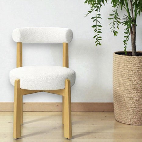 Sculptural Cream Boucle Dining Chair with Wooden Frame – Modern Curved Back - Yalz Store
