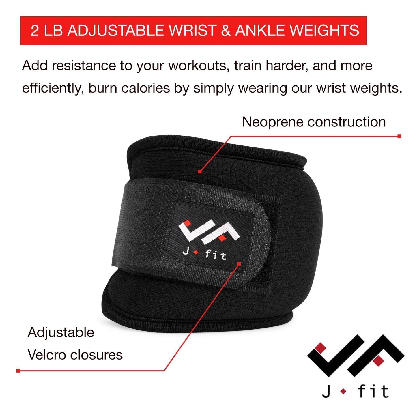 JFIT Wrist Straps for Fitness, 2 LB Pair - Medium/Large Adjustable