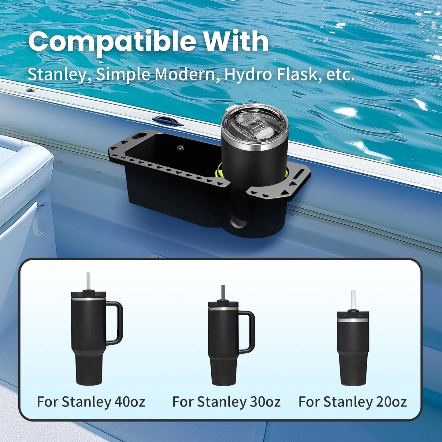 Boat Cup Holder with Rubber Tab, Boat Accessories Boat Storage Organizer Holder Caddy Universal Fit for Jon Boat Bass Boat Marine Kayak Pontoon Canoe, Drill or Adhesive 2 Ways Installation(Black,2PCS)