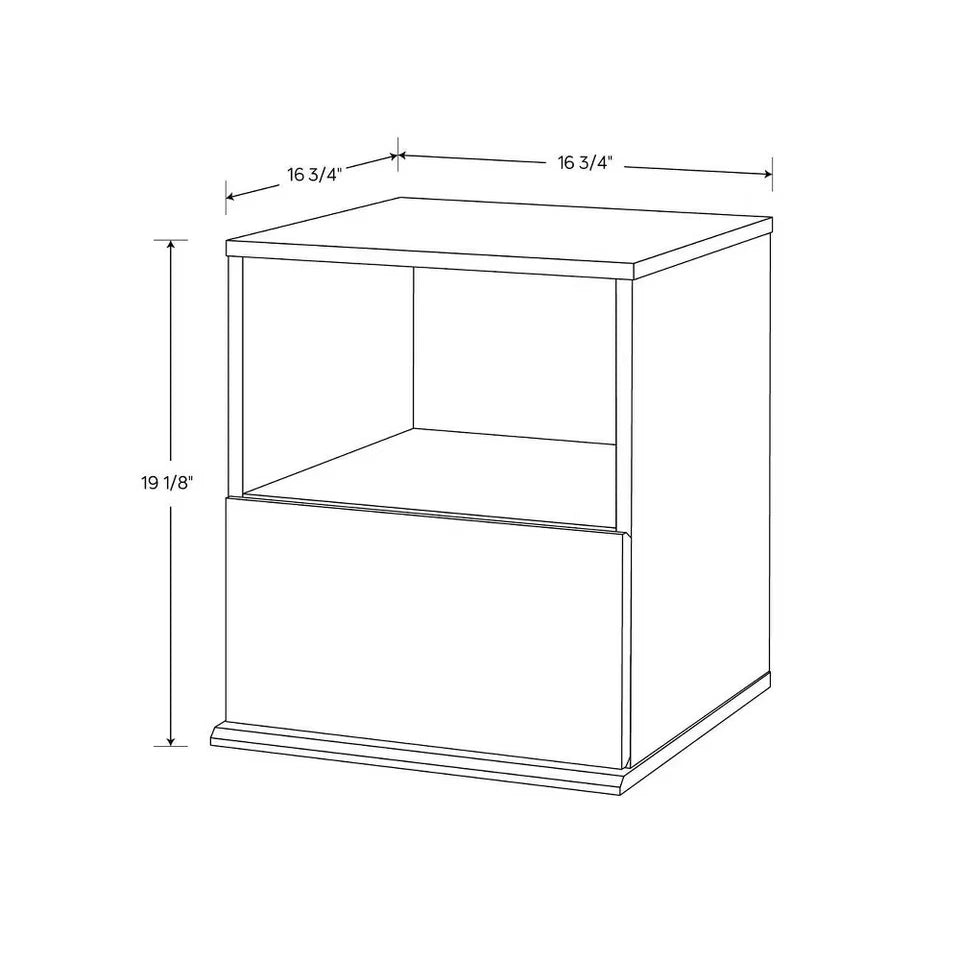 Line drawing of a square bedside table with open shelf and drawer, dimensions 16 3/4" width and 19 1/8" height